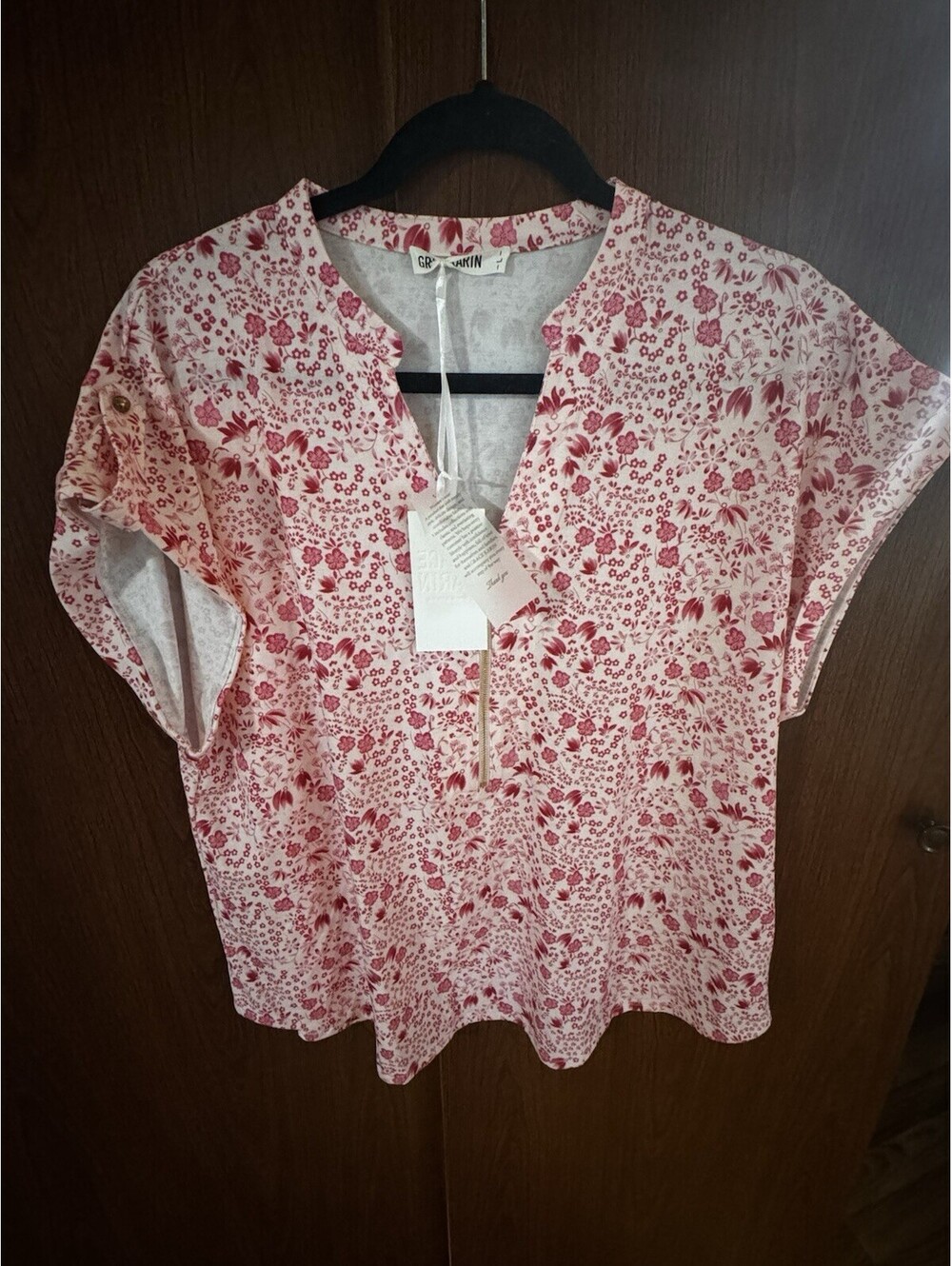 GRACE KARIN Womens L Pink Floral Blouse Zip Front Roll Tab Sleeve NWT